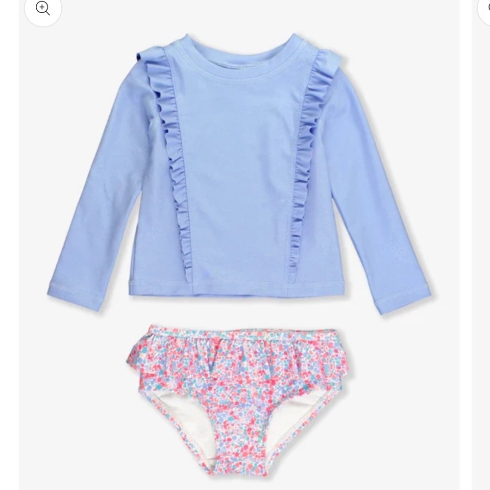 Ruffle Butts Baby Blue & Floral Two-Piece Swimsuit Signature Real Ruffles 12-18M